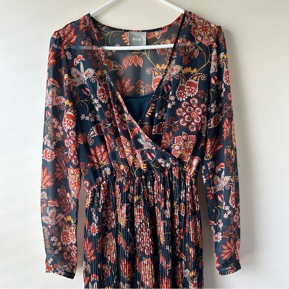 Maeve Anthropologie Apulia Pleated Midi Knee Length Dress Long Sleeve Floral XS - Picture 4 of 15